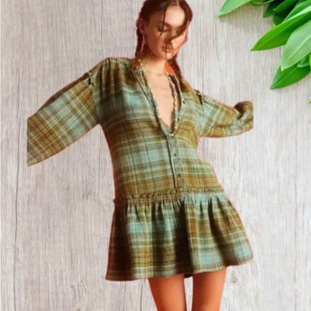 NWOT Free People Alexa Green Plaid Waffle Knit Drop Hem Mini Dress